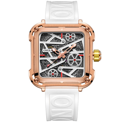 FashionRay modern square rose gold watch with white strap, bold skeleton dial design