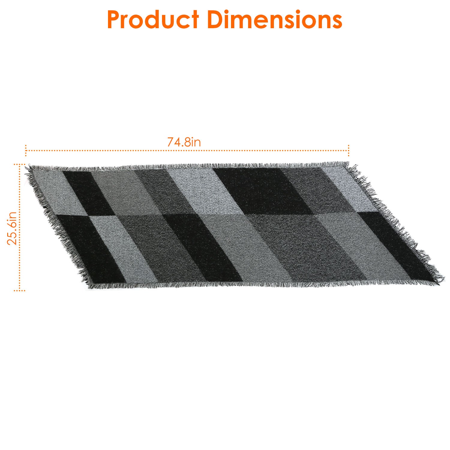 Black and gray plaid rug with fringed edges, measuring 74.8 x 25.6 inches, FashionRay