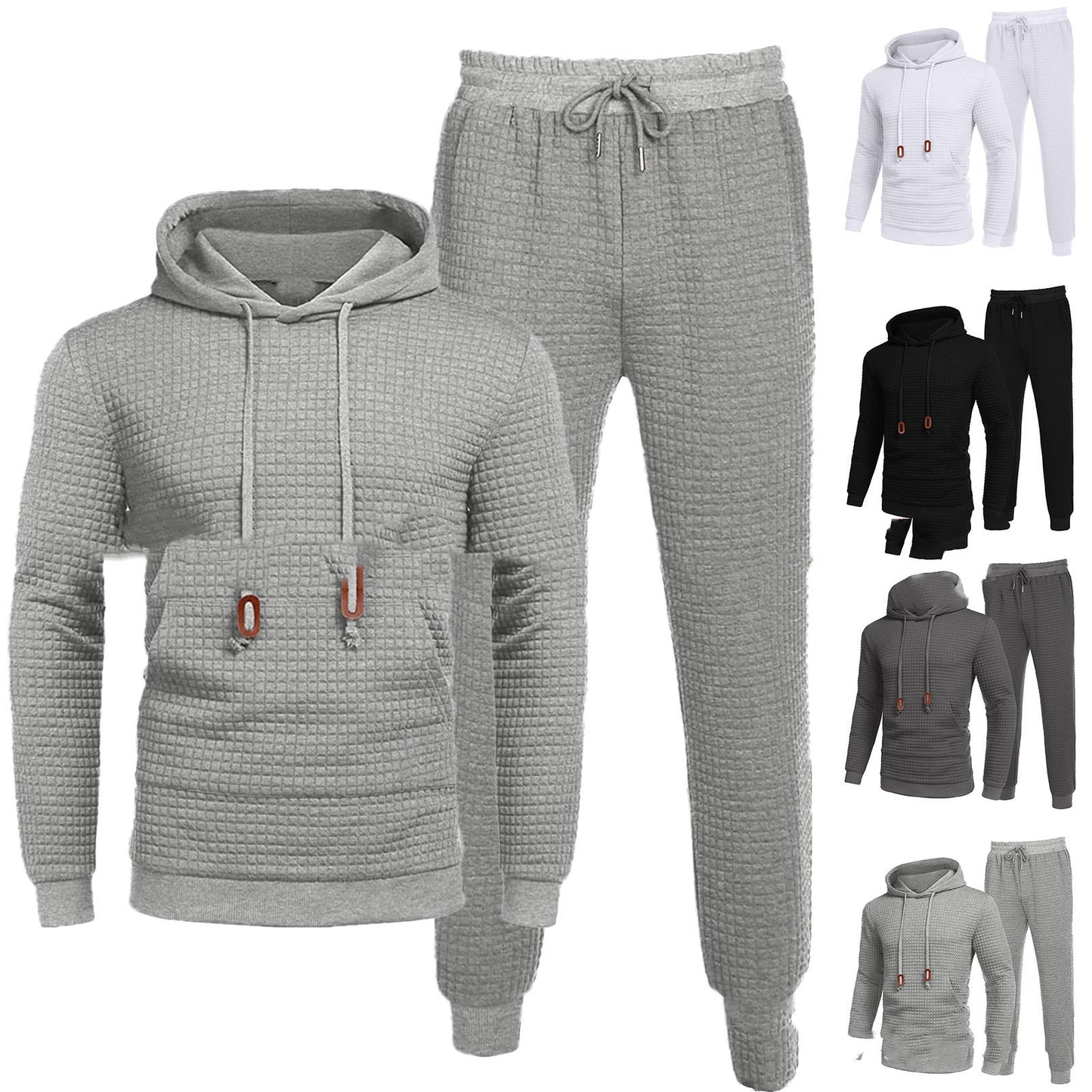FashionRay textured hooded loungewear sets in gray, white, and black, featuring drawstring joggers and comfort fit.