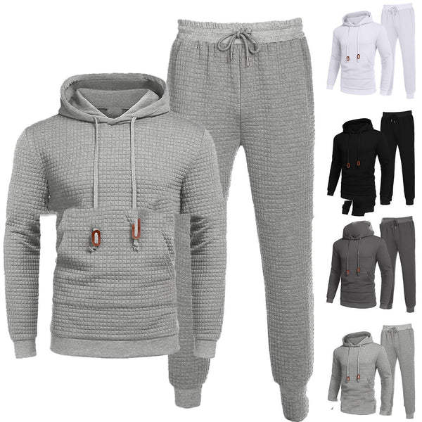 FashionRay textured hooded loungewear sets in gray, white, and black, featuring drawstring joggers and comfort fit.