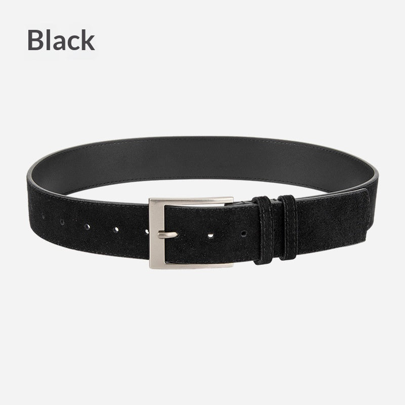 Black suede belt with silver buckle on white background, FashionRay trendy accessory