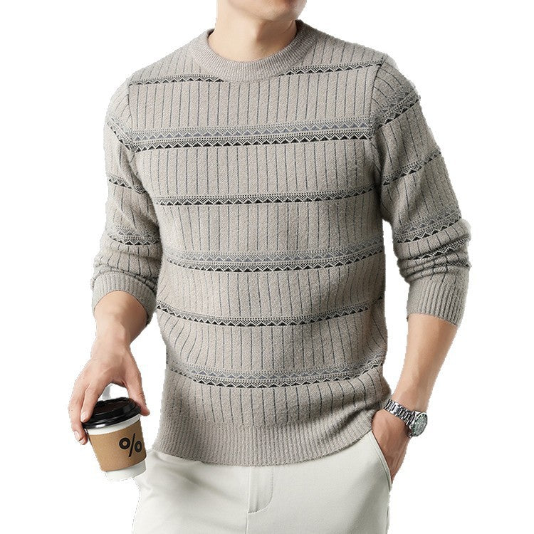 Casual men's beige knit sweater with subtle stripes, styled for comfort at FashionRay