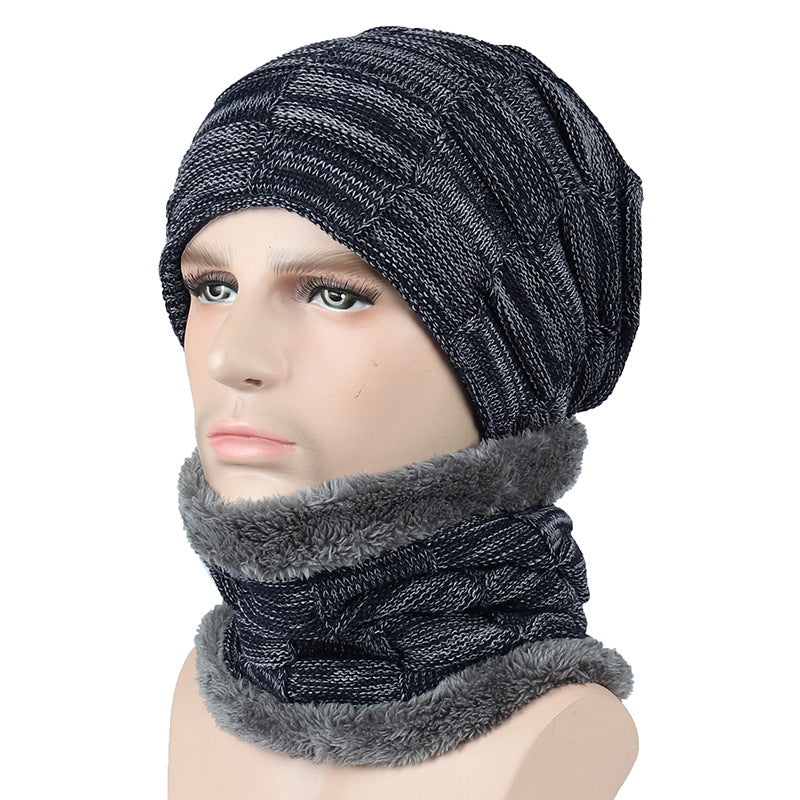 Gray knit beanie and matching neck warmer with faux fur trim on mannequin, FashionRay winter accessory