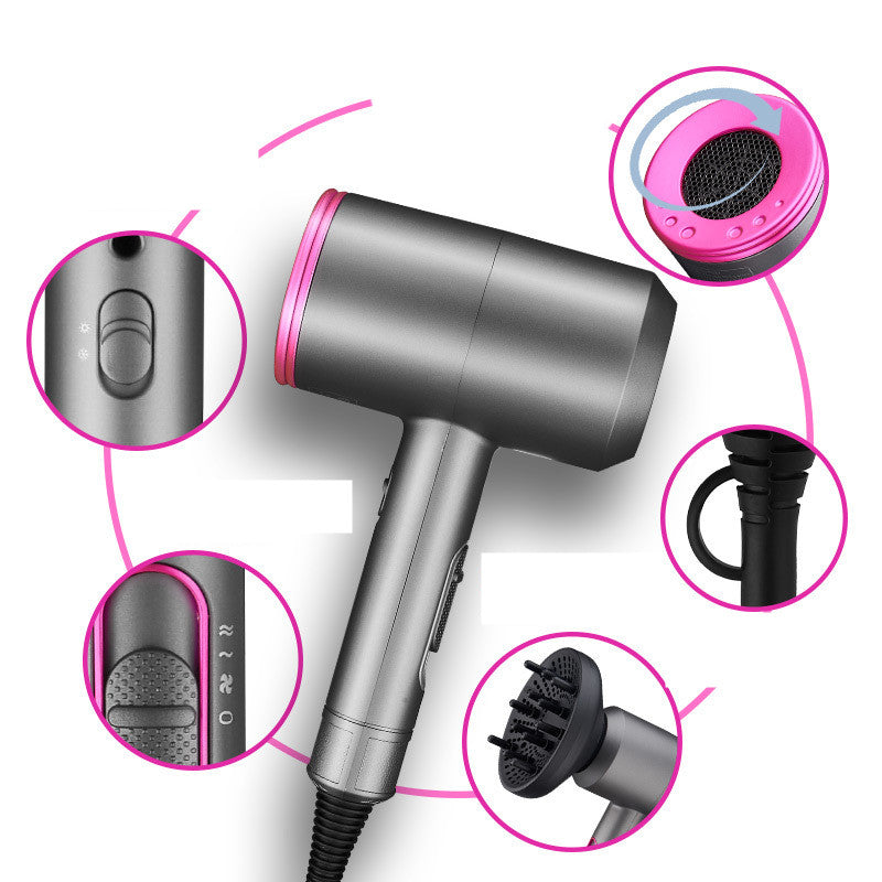 FashionRay sleek gray and pink hair dryer with close-up feature details, modern design