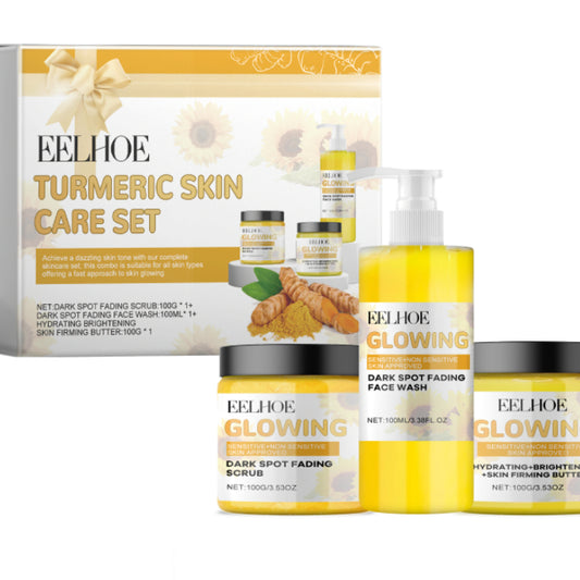 EELHOE turmeric skin care set with face wash, scrub, and cream, perfect for brightening skin