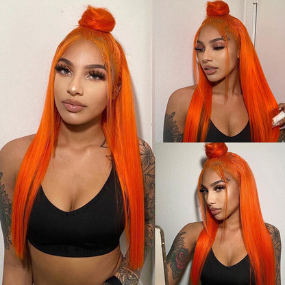 Woman modeling vibrant orange straight wig, black crop top, FashionRay trendy bold style