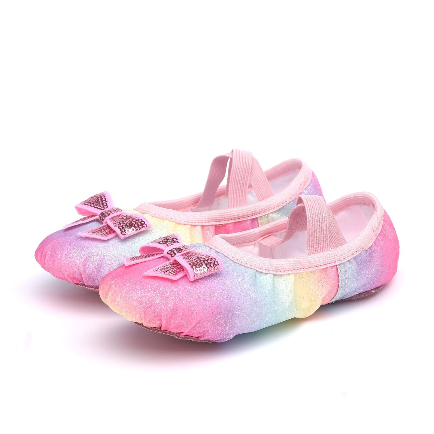 FashionRay pastel rainbow ballet flats with pink bow accents and elastic straps