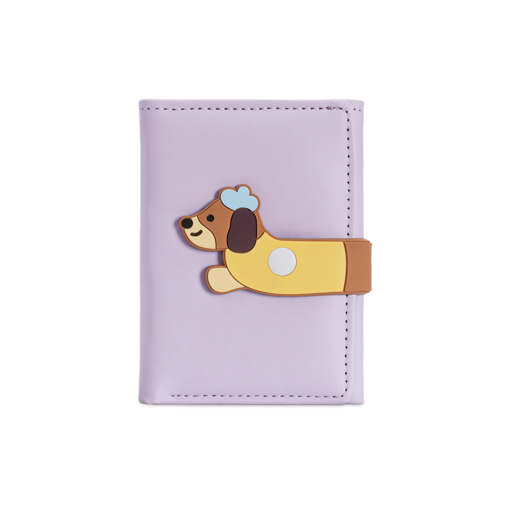 Pastel purple wallet with cute cartoon dog clasp, trendy accessory from FashionRay