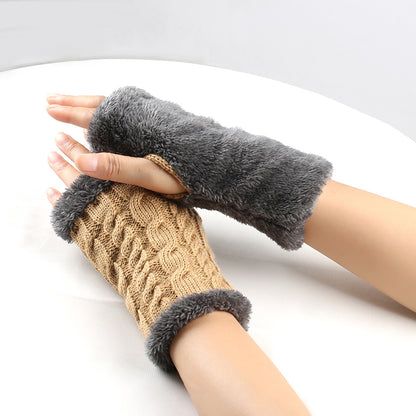 FashionRay cozy knit fingerless gloves with faux fur trim in brown and gray on hands