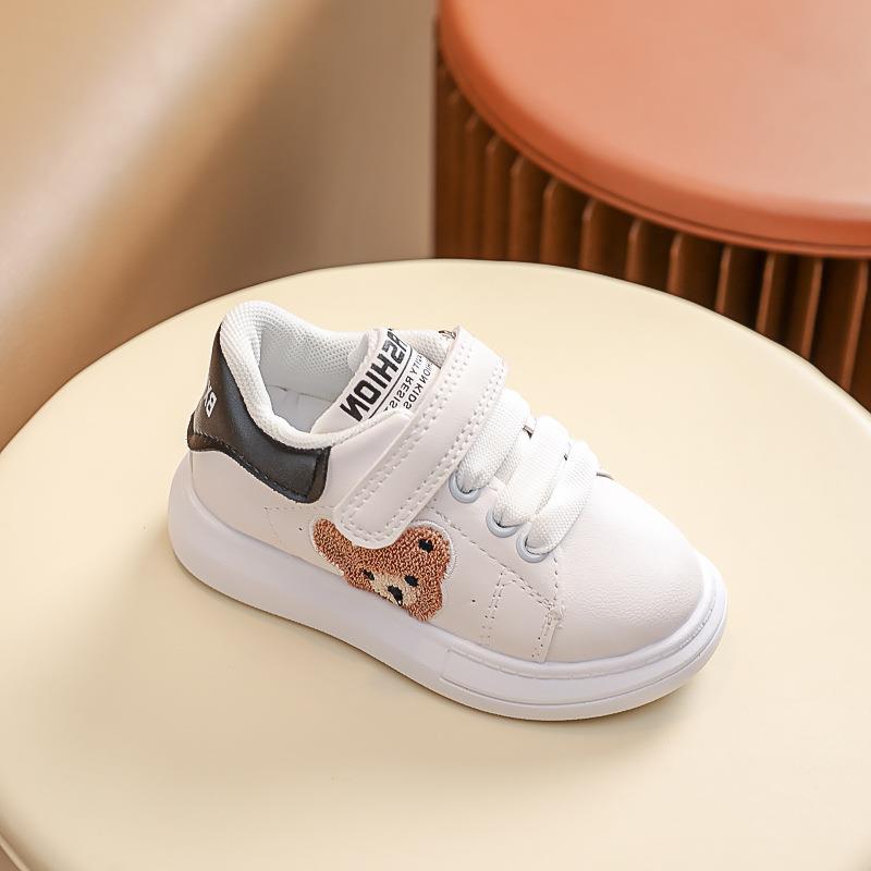 White toddler sneaker with bear patch, velcro strap and black accent, FashionRay kids shoe
