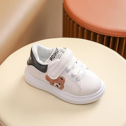 White toddler sneaker with bear patch, velcro strap and black accent, FashionRay kids shoe
