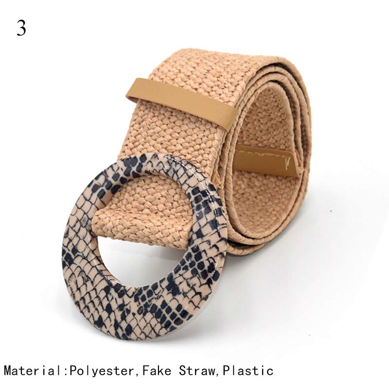 FashionRay beige woven belt with round snakeskin-pattern buckle, trendy accessory