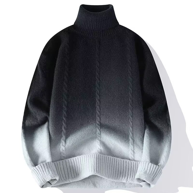 FashionRay gradient turtleneck sweater in black and gray with cable knit design