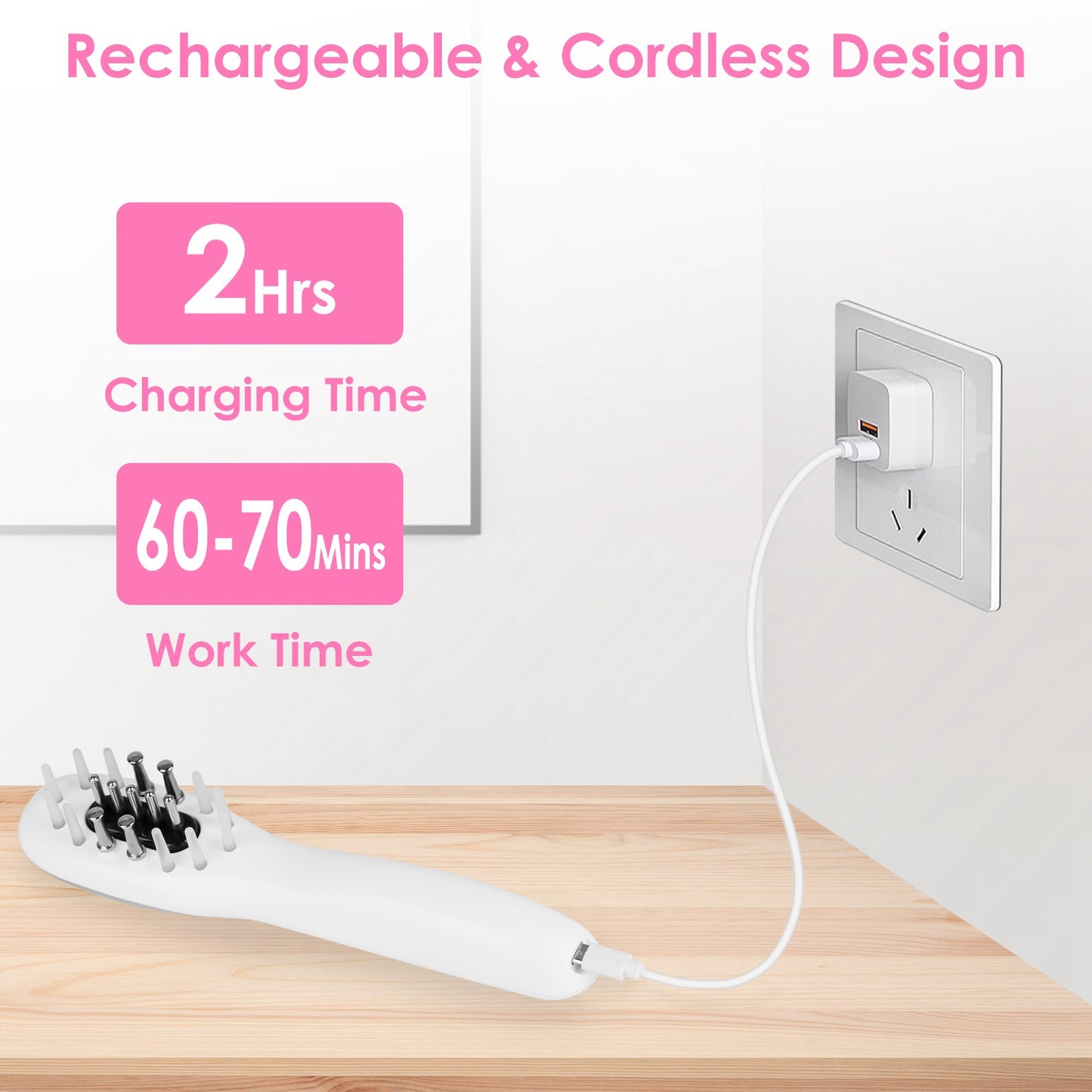 Rechargeable cordless hair brush on wooden surface charging, fashion gadget at FashionRay