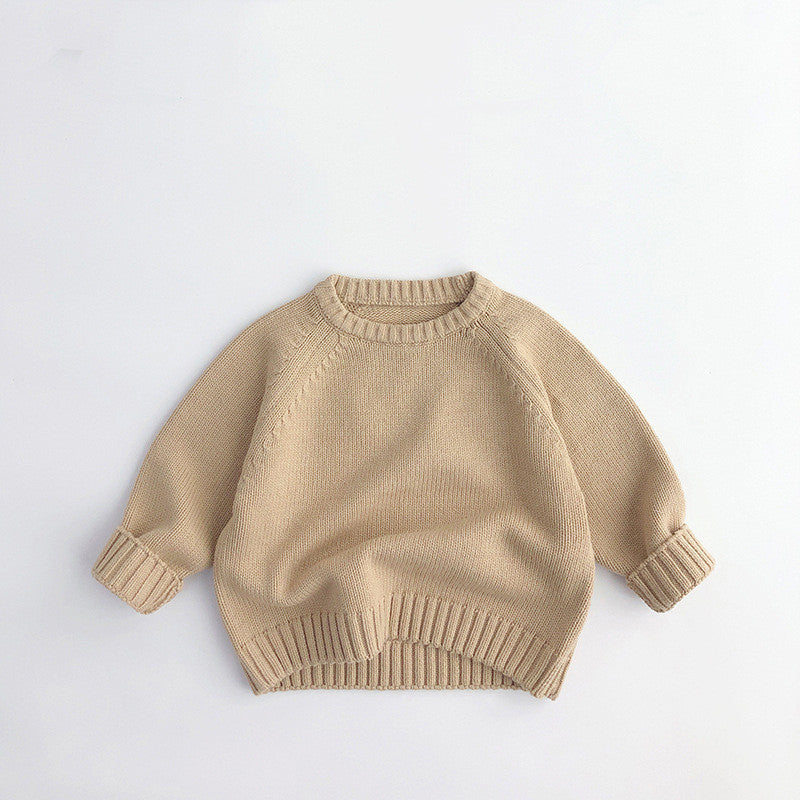Beige knit sweater with ribbed cuffs and hem on white background, FashionRay comfortable style