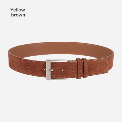 Yellow brown suede belt with silver buckle, FashionRay trendy accessory on white background