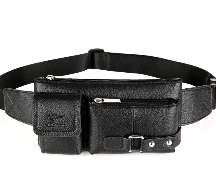FashionRay black leather belt bag with multiple zippered pockets on white background