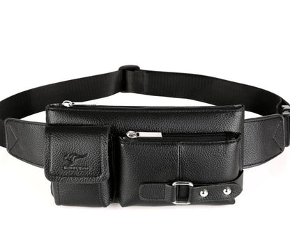 FashionRay black leather belt bag with multiple zippered pockets on white background