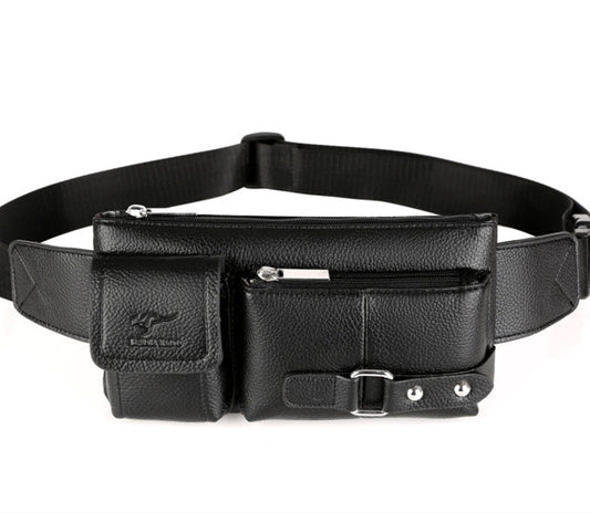 FashionRay black leather belt bag with multiple zippered pockets on white background