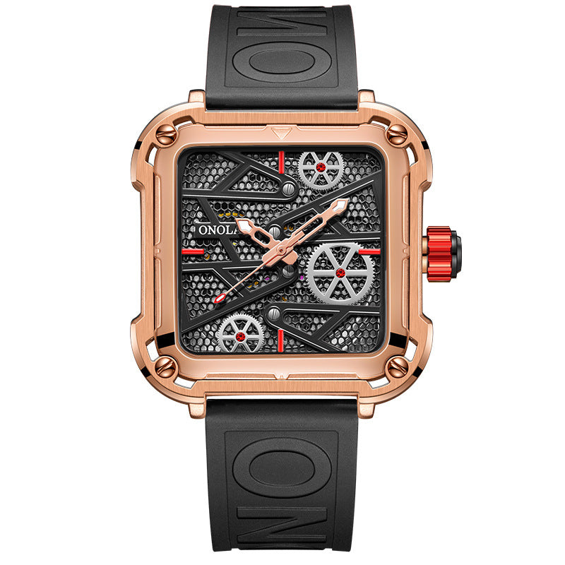 Square gold and black mechanical watch with silicone strap, industrial gears, on FashionRay