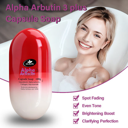 Alpha Arbutin 3 Plus capsule soap with smiling woman in bathtub, skin brightening benefits listed.
