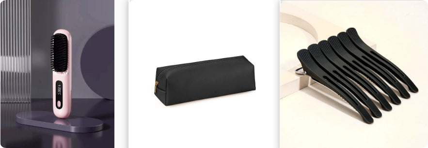FashionRay beauty essentials featuring a pink heated hair brush, black makeup bag, and hair clips
