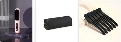 FashionRay beauty essentials featuring a pink heated hair brush, black makeup bag, and hair clips