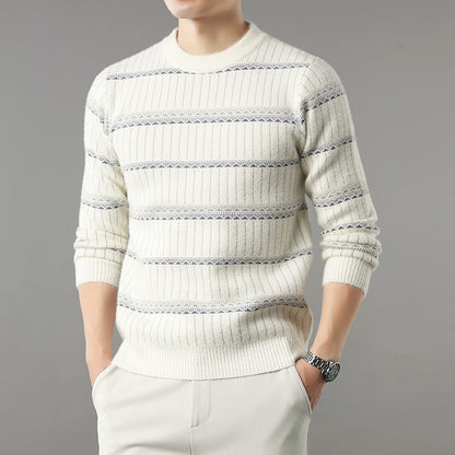 Men’s ribbed cream sweater with blue stripe pattern, casual style from FashionRay.
