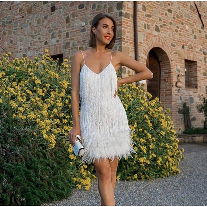 Sexy Tassel Sequins Feather Summer Mini Dress Women V Neck Spaghetti Strap Stitching Dresses Female Elegant Evening Party Club Dress
