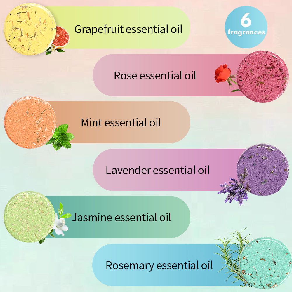 Six colorful round bath bombs labeled as grapefruit, rose, mint, lavender, jasmine, and rosemary essential oils.