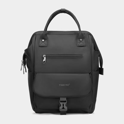 Sleek black TIGERNU backpack with top handles, front zipper, and buckle, stylish and practical bag