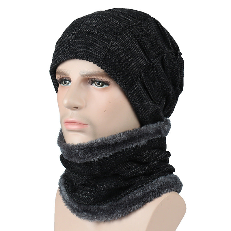 Black knit beanie and matching neck warmer with gray trim, stylish winter accessories FashionRay