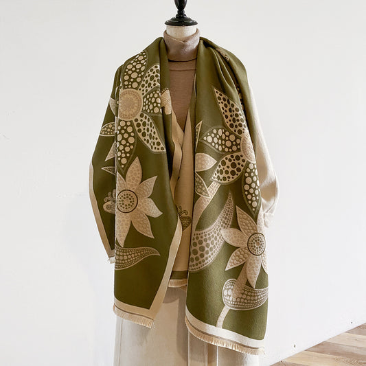 Olive green floral scarf with beige sunflowers on mannequin, FashionRay trendy accessory