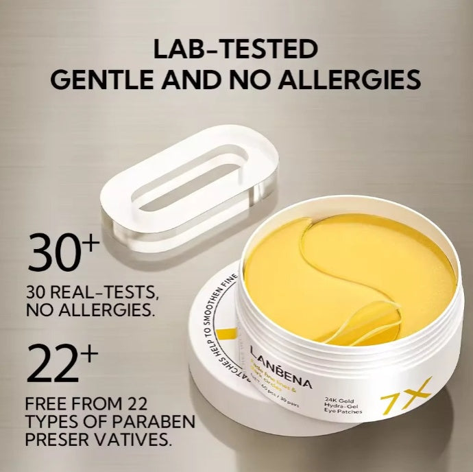 LANBENA 24K Gold Hydro-Gel Eye Patches in open container, lab-tested gentle skincare, FashionRay