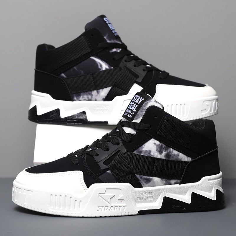 FashionRay trendy black and white high-top sneakers with bold zigzag soles and graphic details