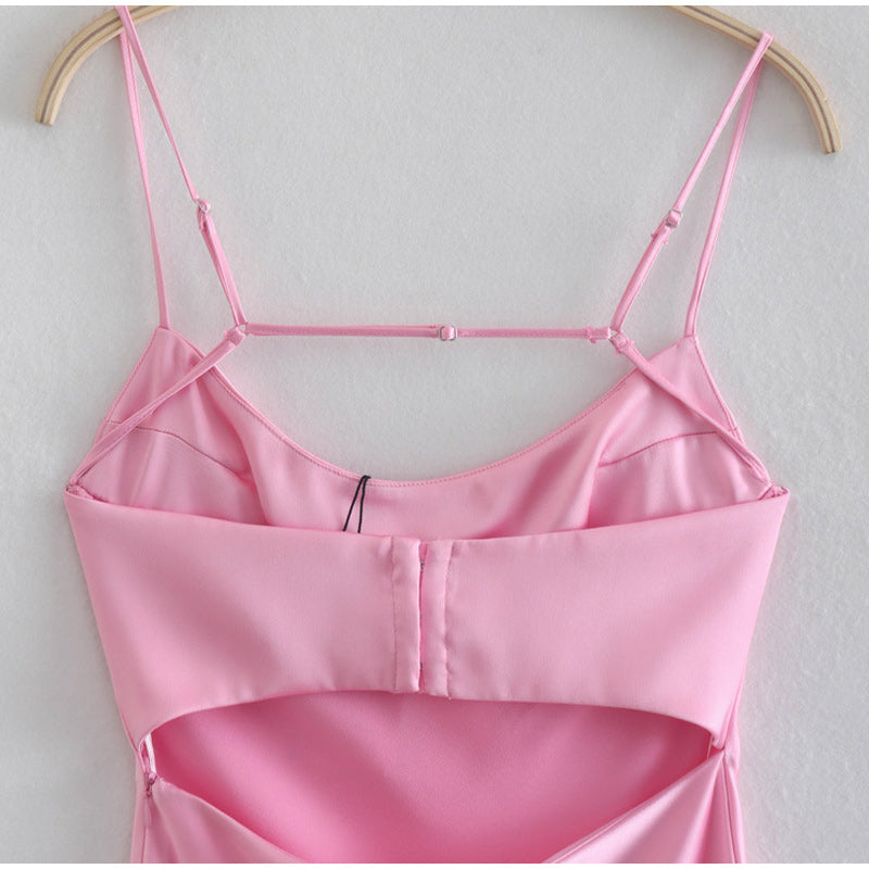 Pink satin sleeveless dress with adjustable straps from FashionRay, trendy and stylish design