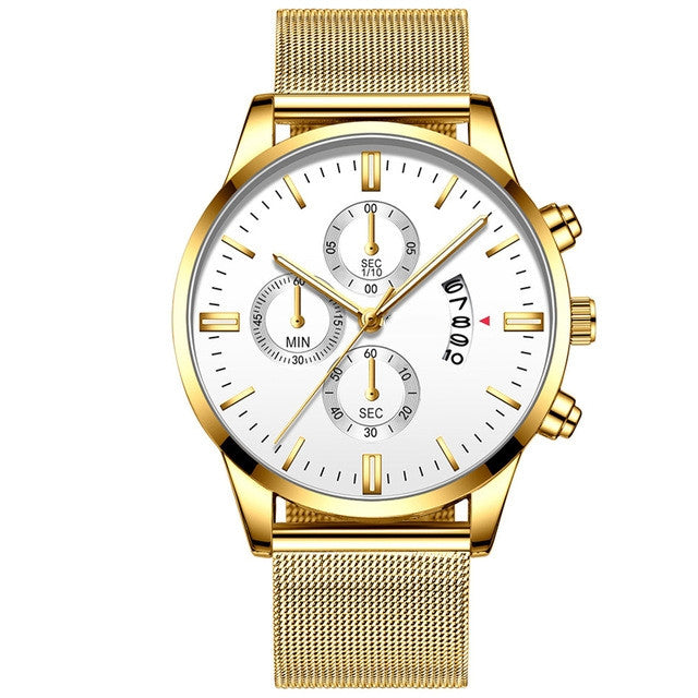 Gold mesh band chronograph watch with white face and date detail, FashionRay accessory