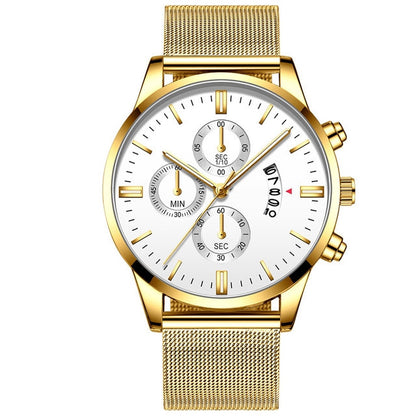 Gold mesh band chronograph watch with white face and date detail, FashionRay accessory
