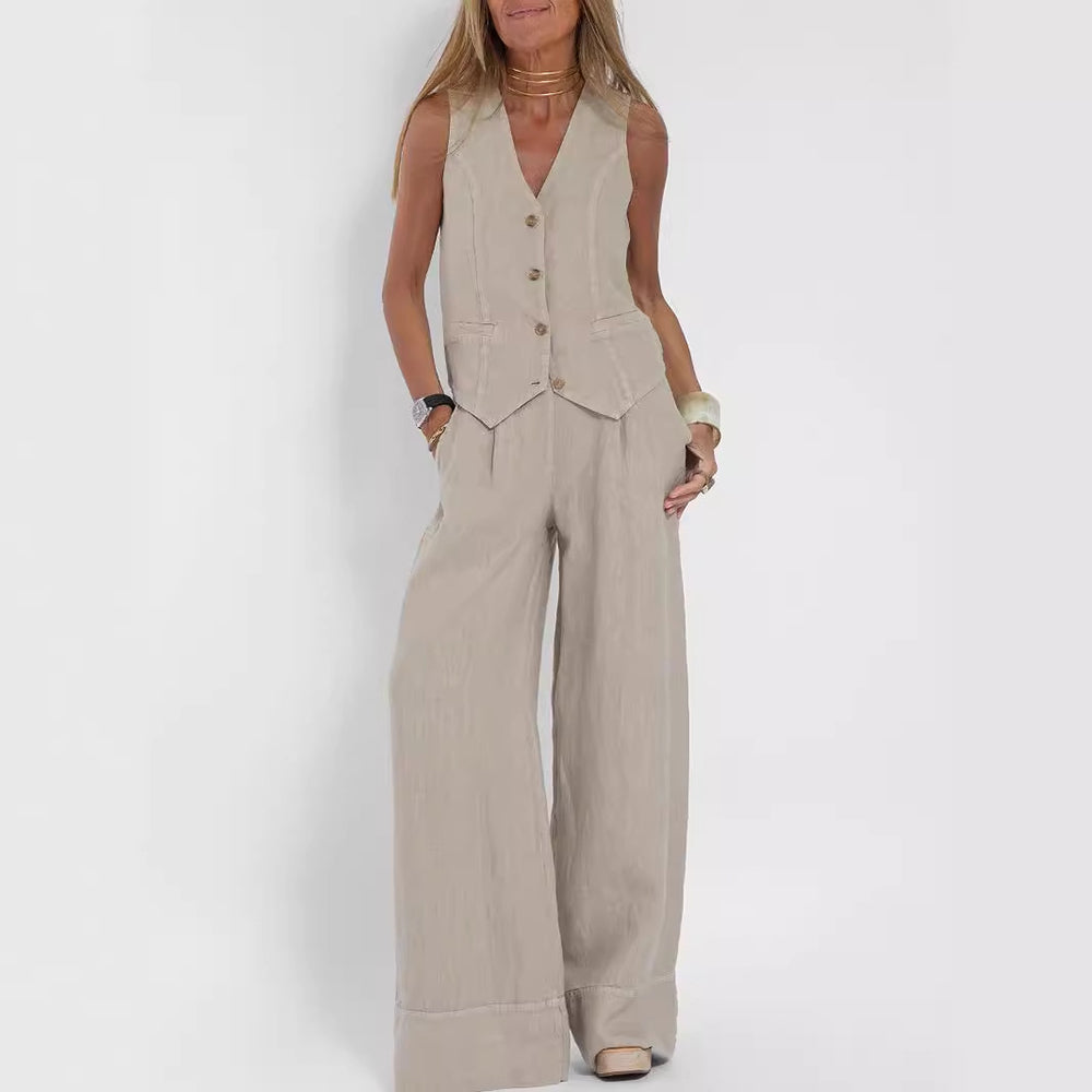 Woman wearing beige wide-leg pants and matching vest, trendy fashion at FashionRay
