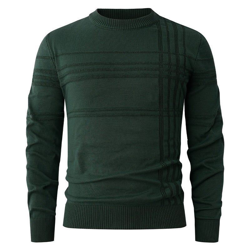 Dark green crew neck sweater with textured stripe design, trendy men's fashion at FashionRay