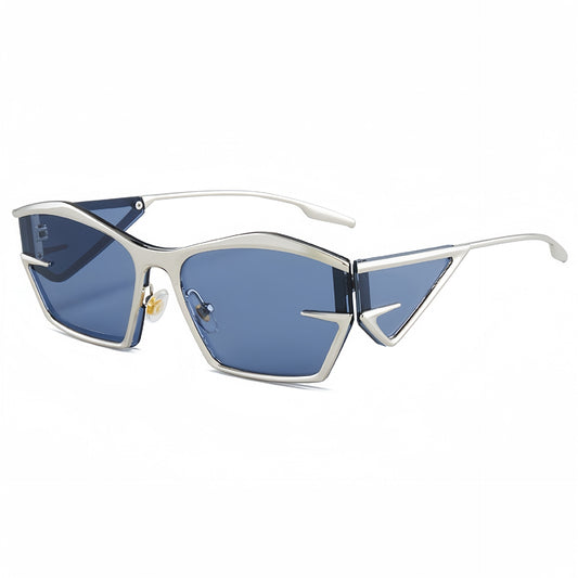 Geometric blue sunglasses with silver frame, bold modern design, FashionRay trendy eyewear