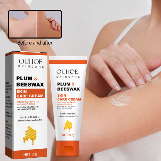 Woman applying OUHOE Plum & Beeswax skin care cream to arm, packaging visible, before and after results shown, FashionRay skincare product.