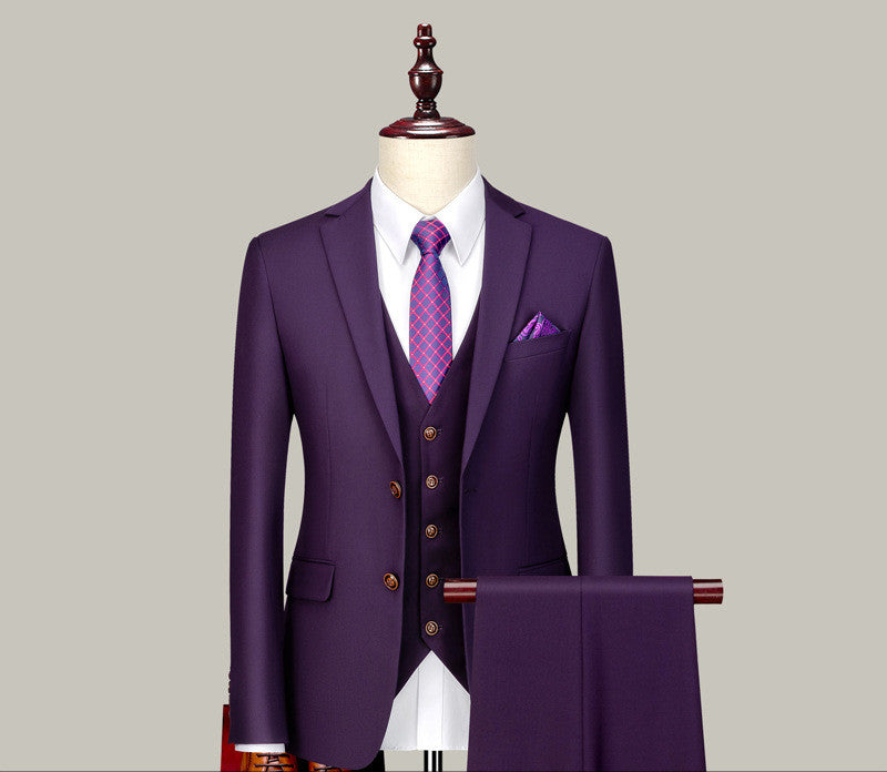 FashionRay purple three-piece men's suit with plaid tie on mannequin, stylish formal wear