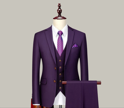 FashionRay purple three-piece men's suit with plaid tie on mannequin, stylish formal wear