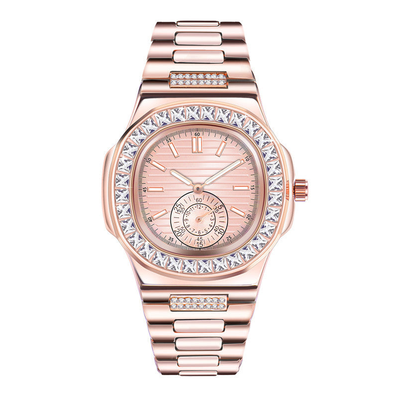 Rose gold women's luxury watch with crystal bezel and bracelet from FashionRay.