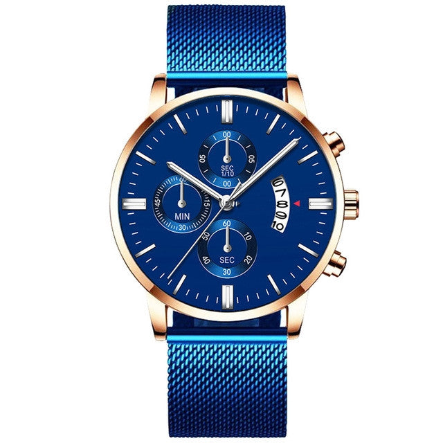 Blue mesh band fashion watch with gold case and chronograph dial, trendy men's accessory