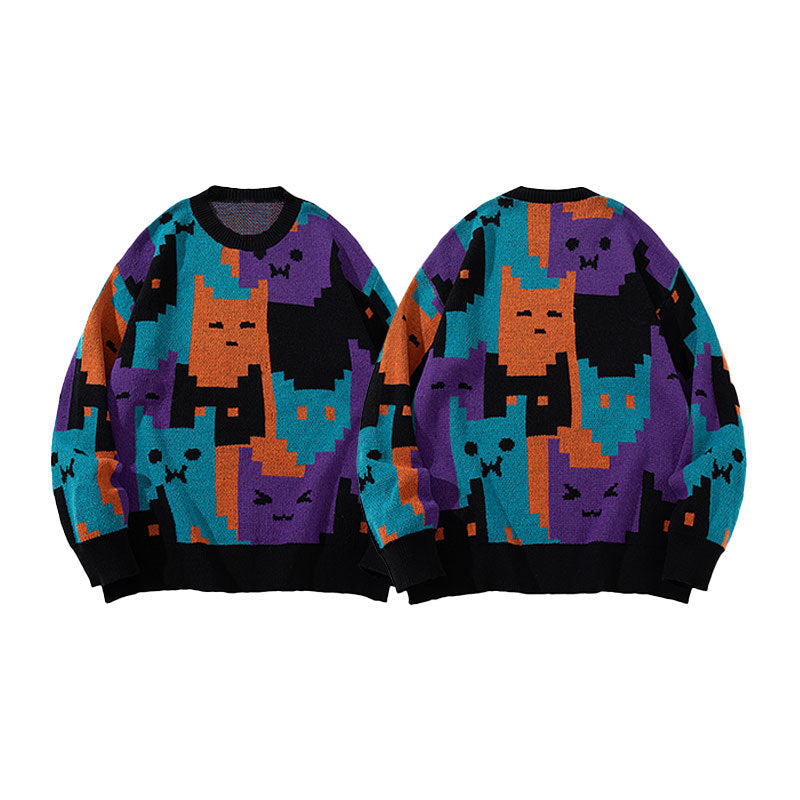 Colorful graphic cat print sweater, bold block pattern, vibrant streetwear from FashionRay