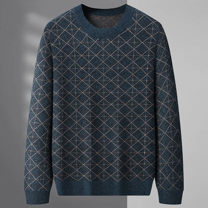Navy blue geometric patterned sweater, long sleeves, modern knit by FashionRay