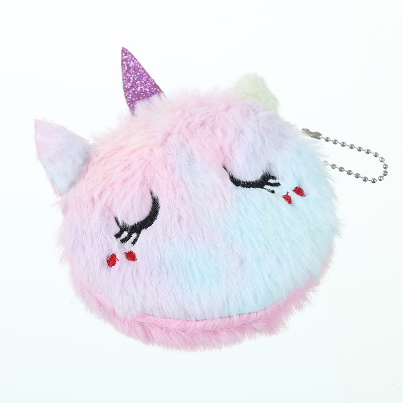 Pastel fluffy unicorn coin purse with keychain, closed eyes embroidery, FashionRay accessory