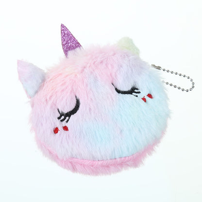 Pastel fluffy unicorn coin purse with keychain, closed eyes embroidery, FashionRay accessory